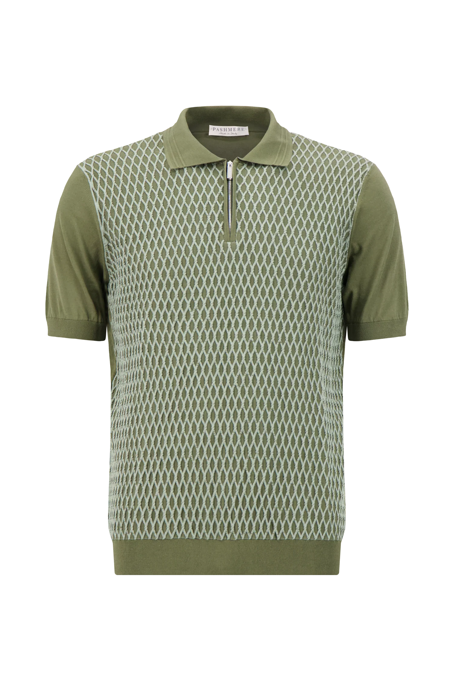 Pashmere Army Green Cashmere Openwork Knit Zip Polo