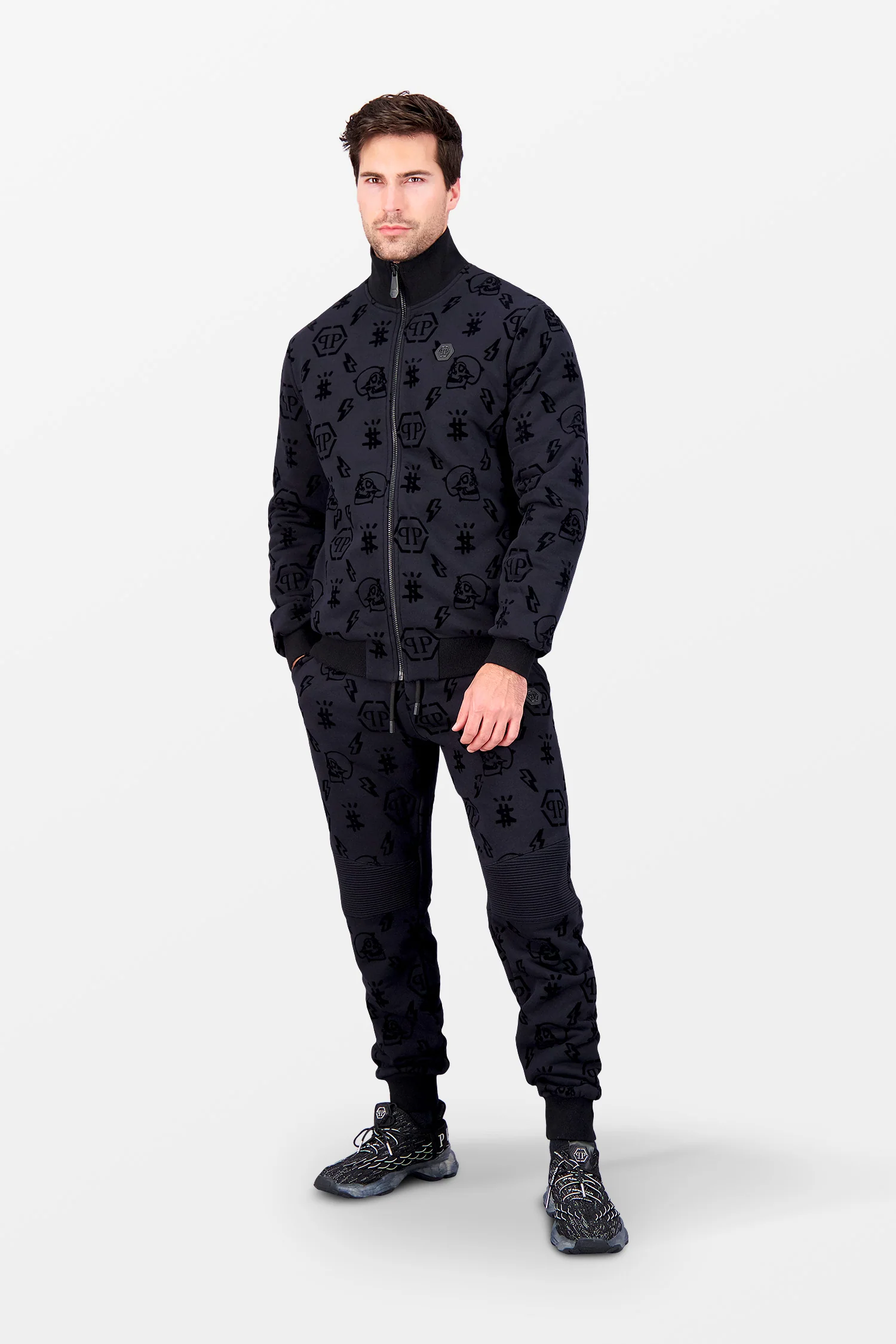 Philipp Plein Black Flock Monogram Jogging Trousers - Image 4