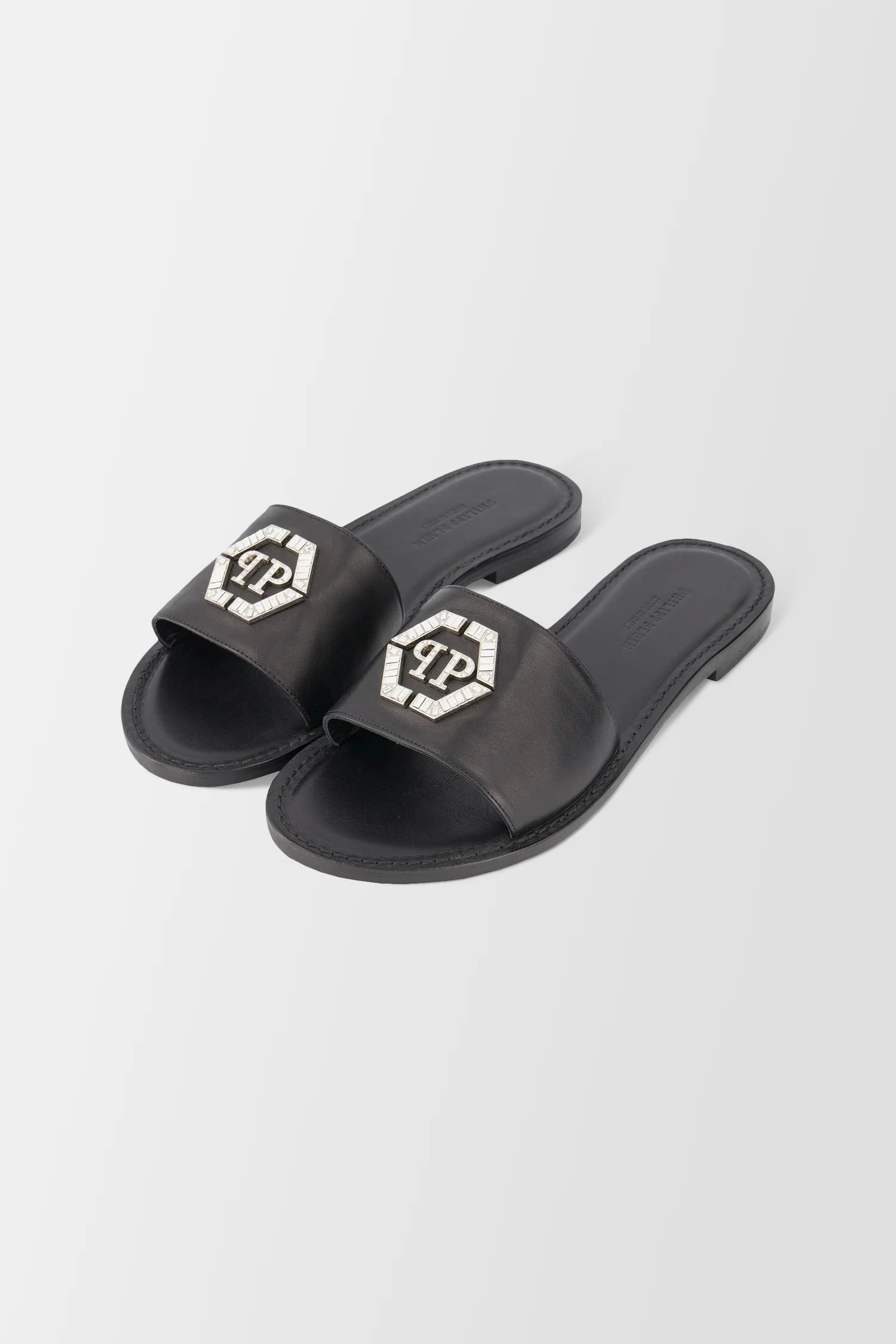Philipp Plein Black Leather Hexagon Logo Flat Slides - Image 2