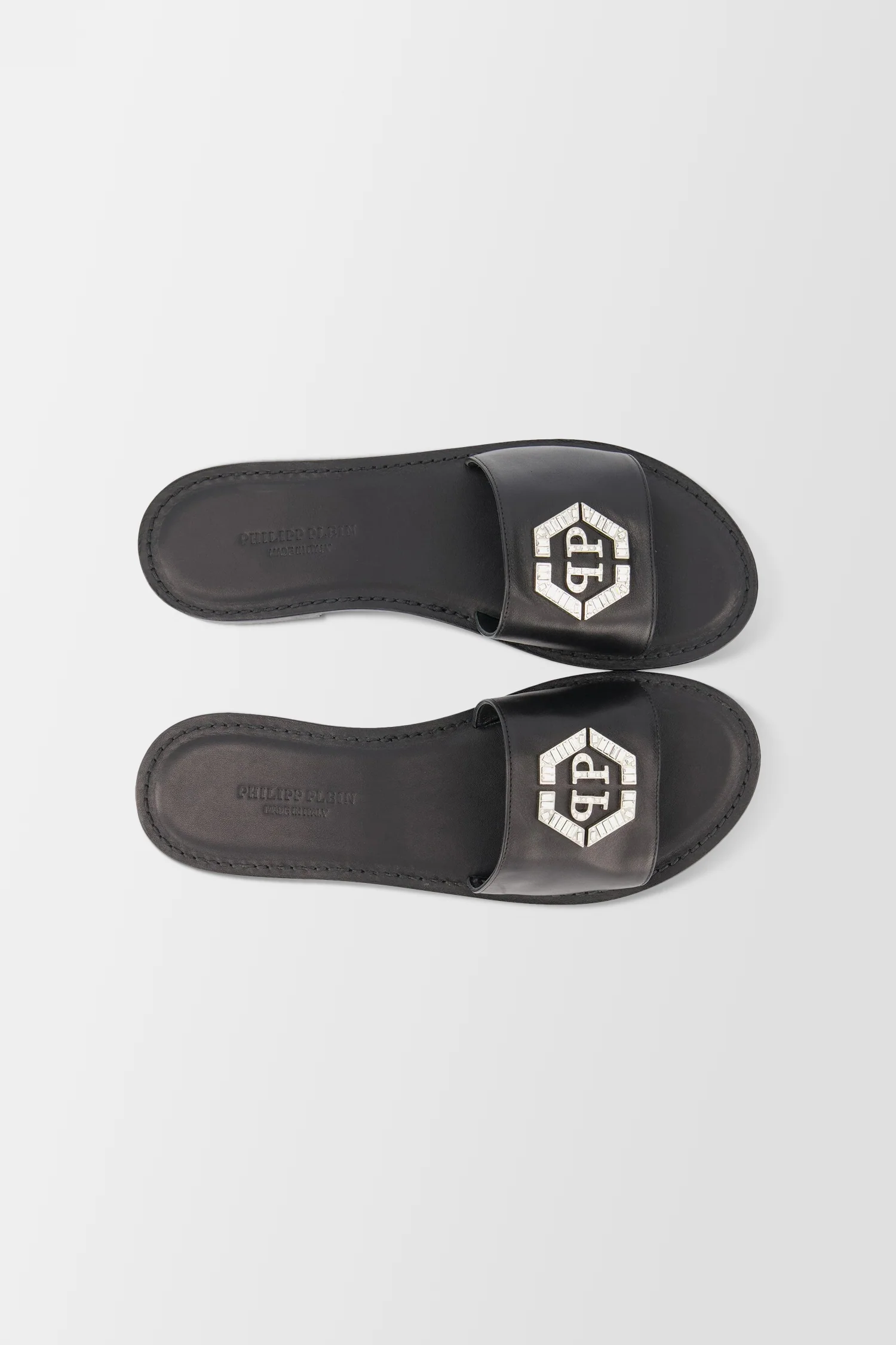 Philipp Plein Black Leather Hexagon Logo Flat Slides - Image 3