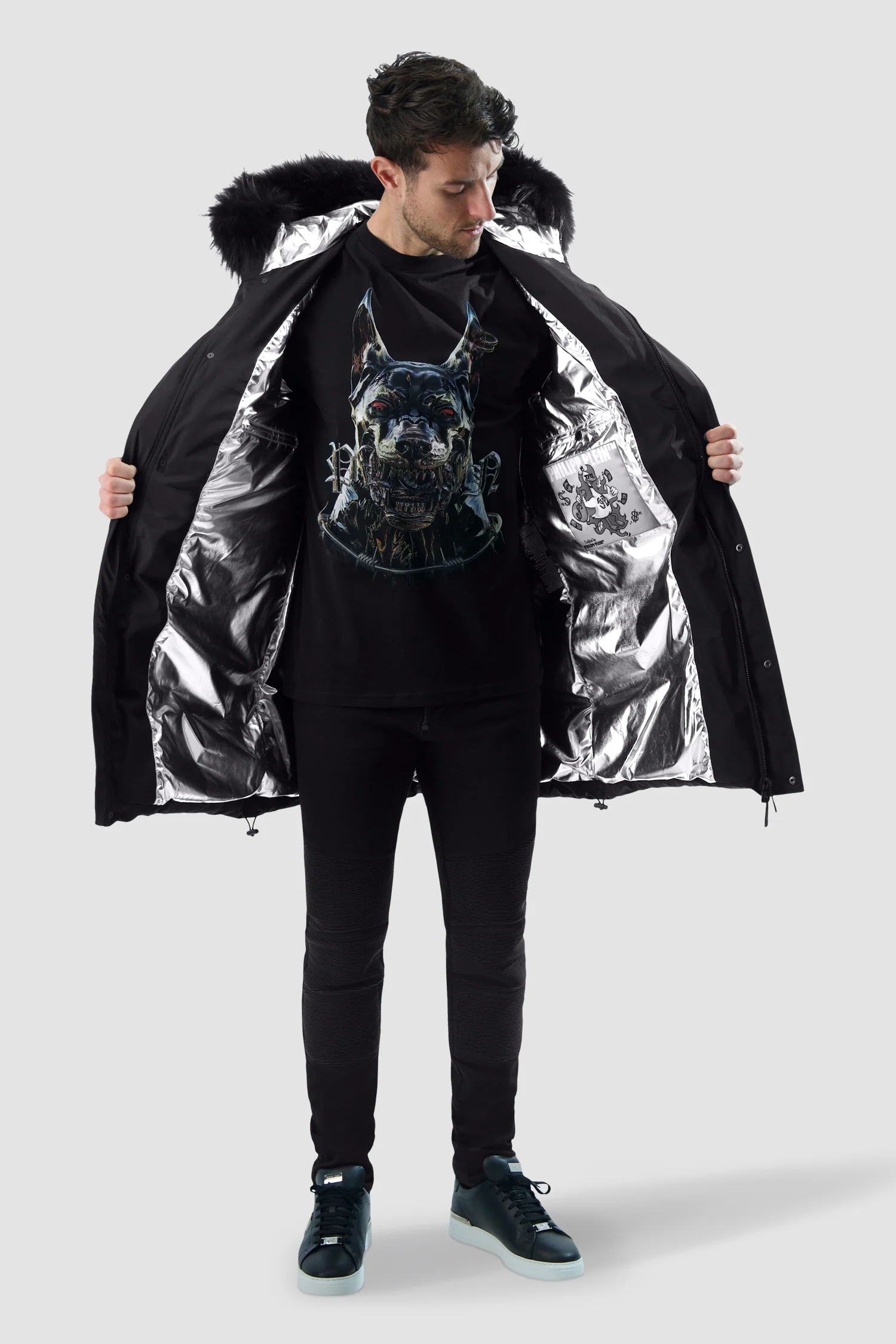Philipp Plein Black Nylon Parka with real fur Skull & Bones Jacket - Image 3