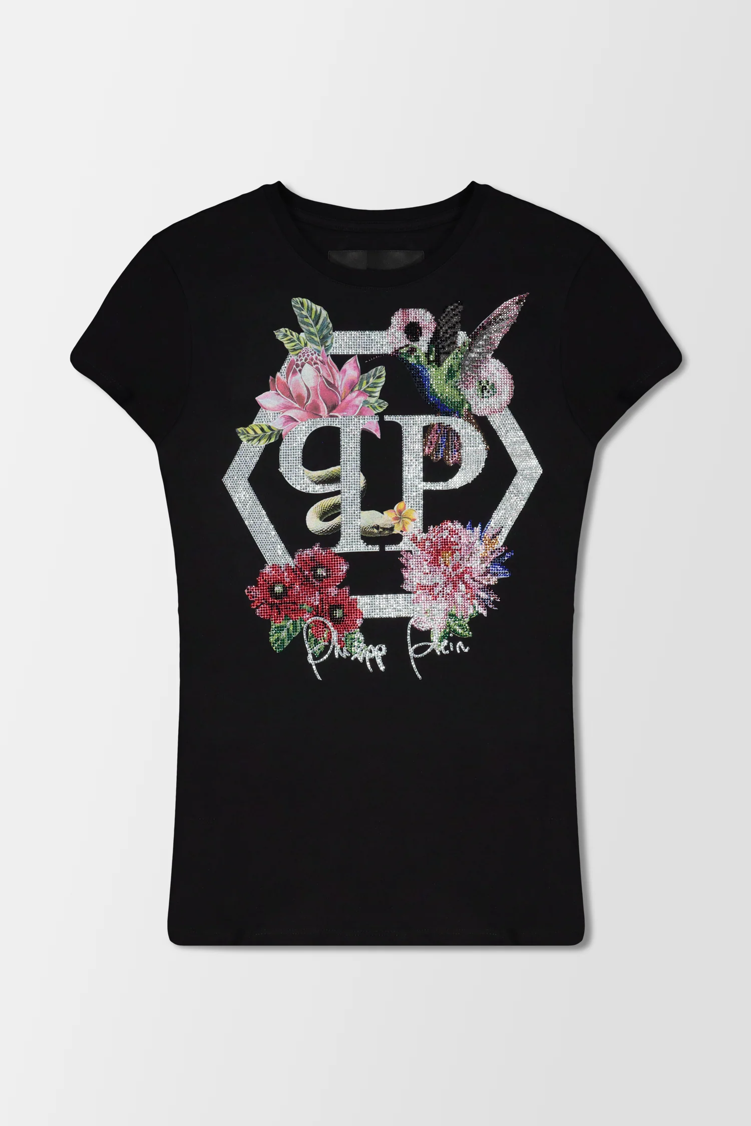 Philipp Plein Black Round Neck SS Flowers 2 T-Shirt - Image 3