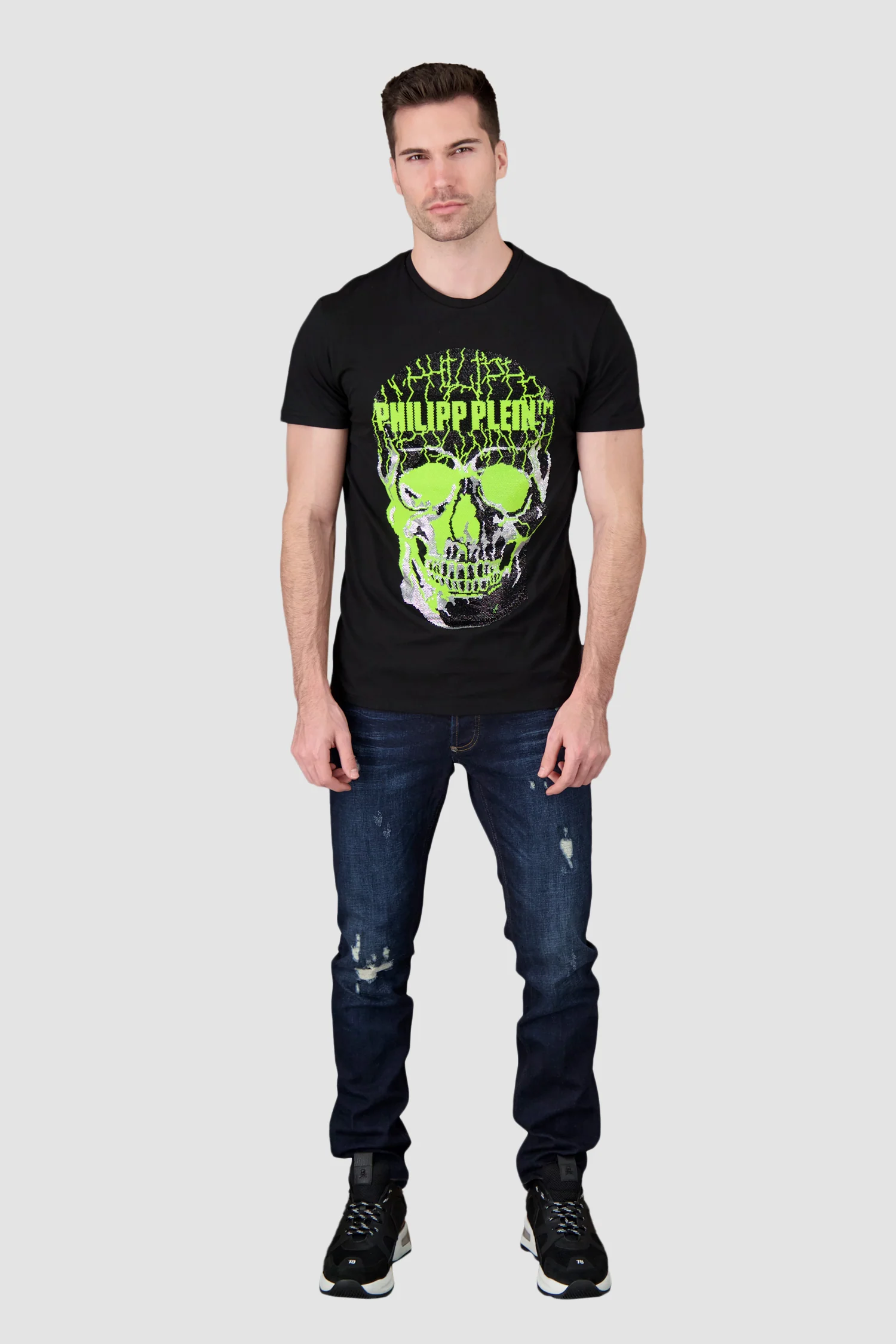 Philipp Plein Black/Yellow Round Neck Skull Rhinestone T-Shirt - Image 2