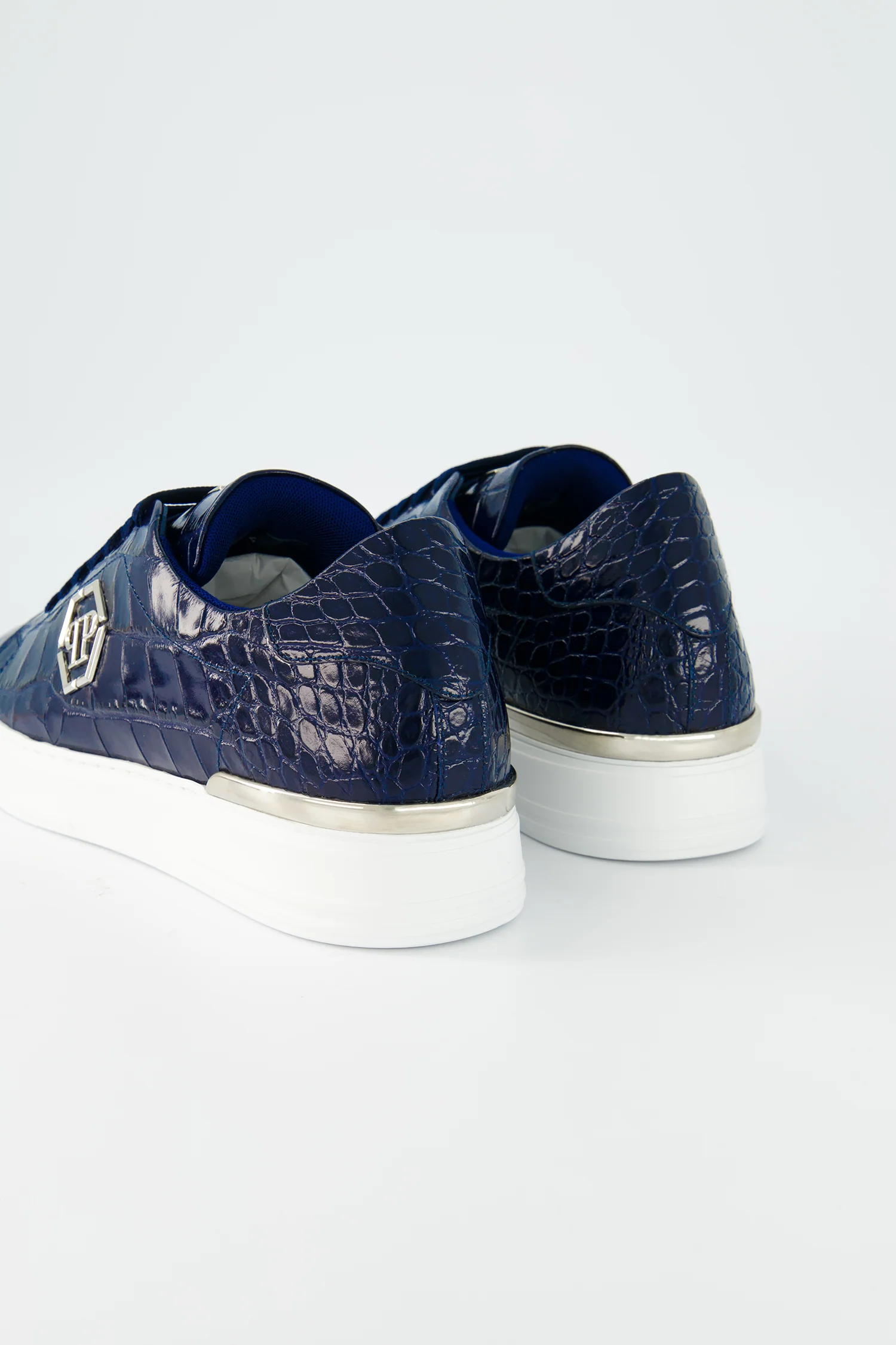 Philipp Plein Dark Blue Crocodile Leather Print Lo-Top Sneakers - Image 4