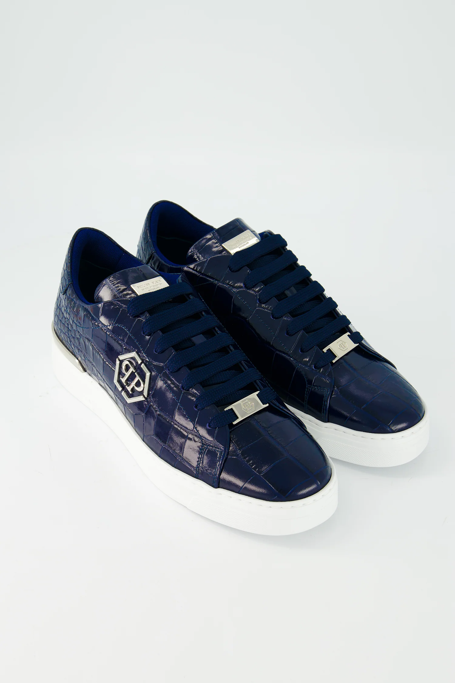 Philipp Plein Dark Blue Crocodile Leather Print Lo-Top Sneakers - Image 6