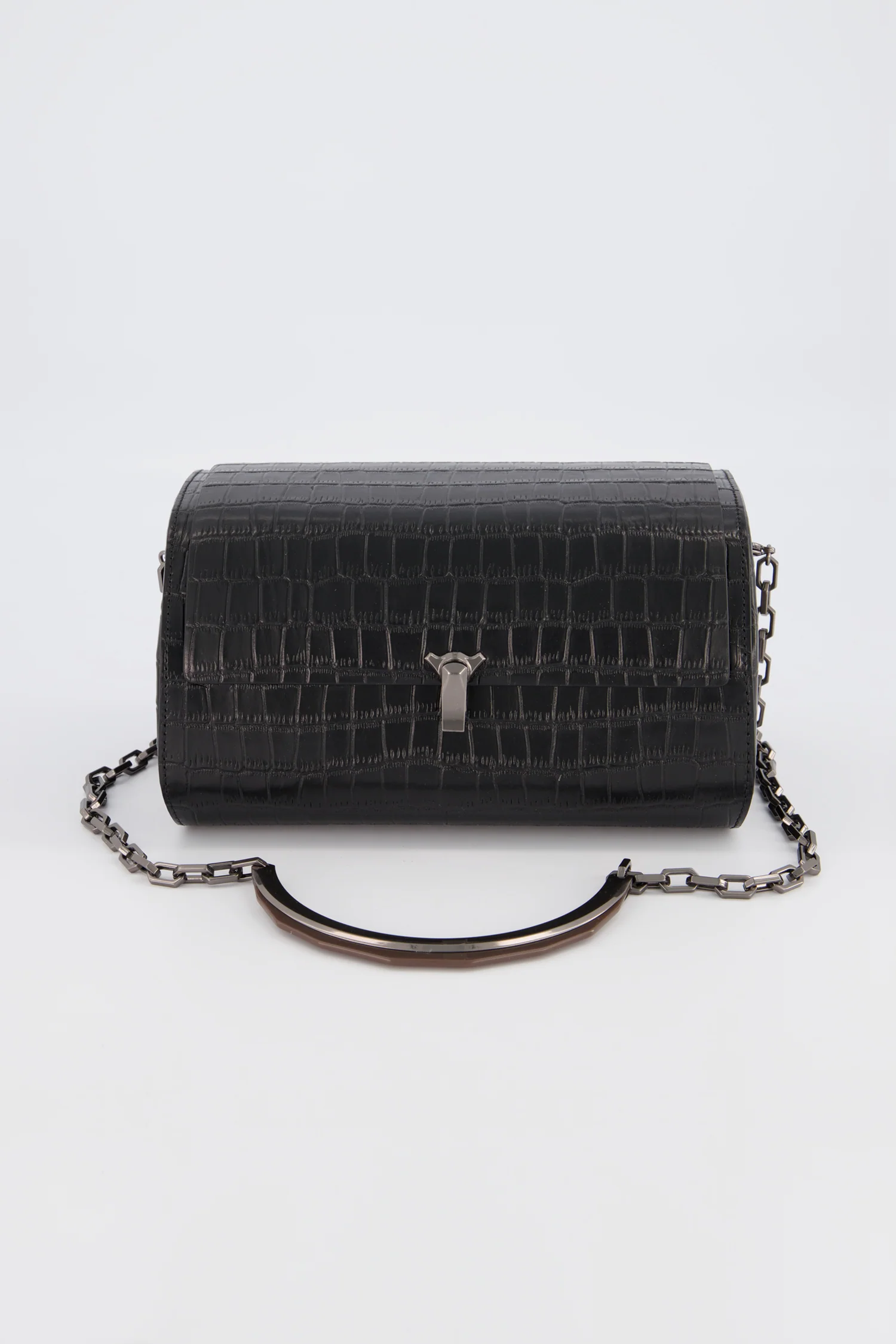 The Volon Black Crocodile Print PO Trunk Bag