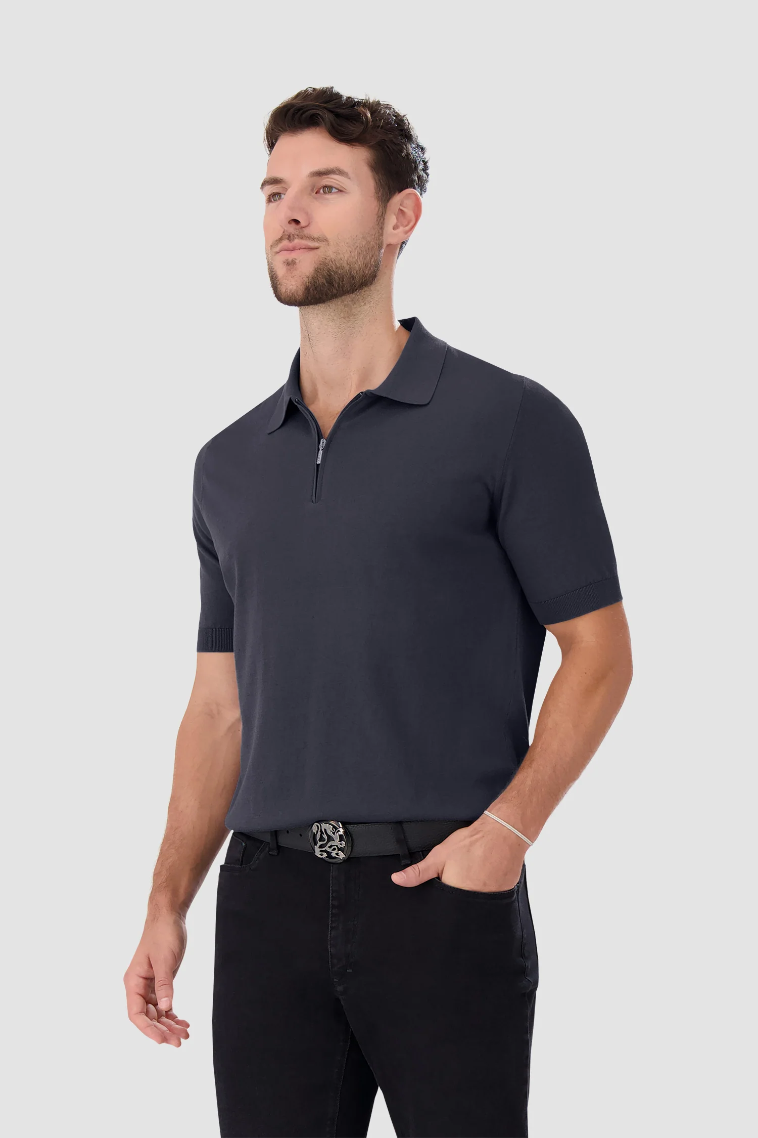 Zilli Grey Zip Short Sleeve Polo - Image 4