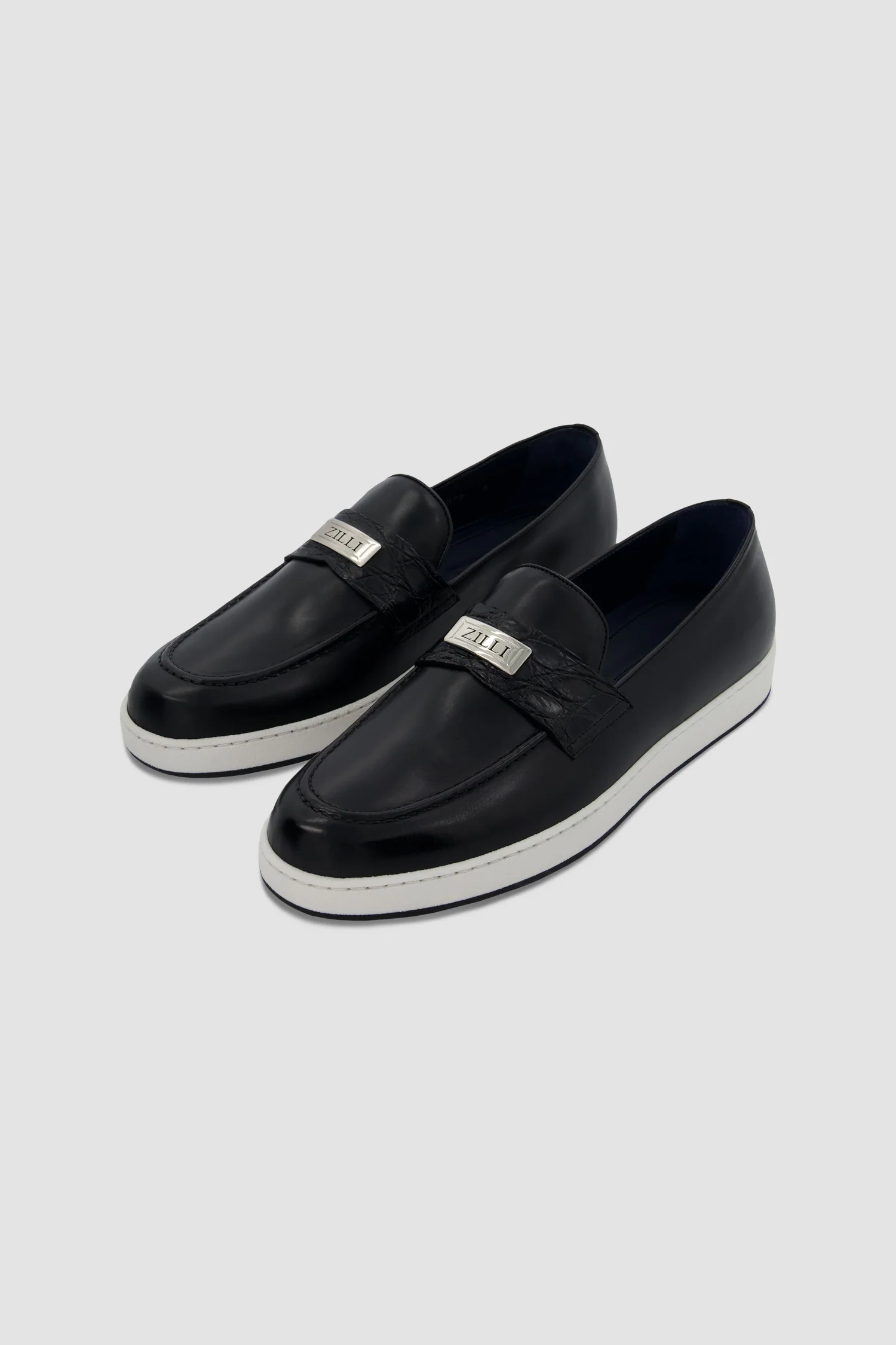 Zilli Black Metal Plate Loafers with Caiman accents - Image 2