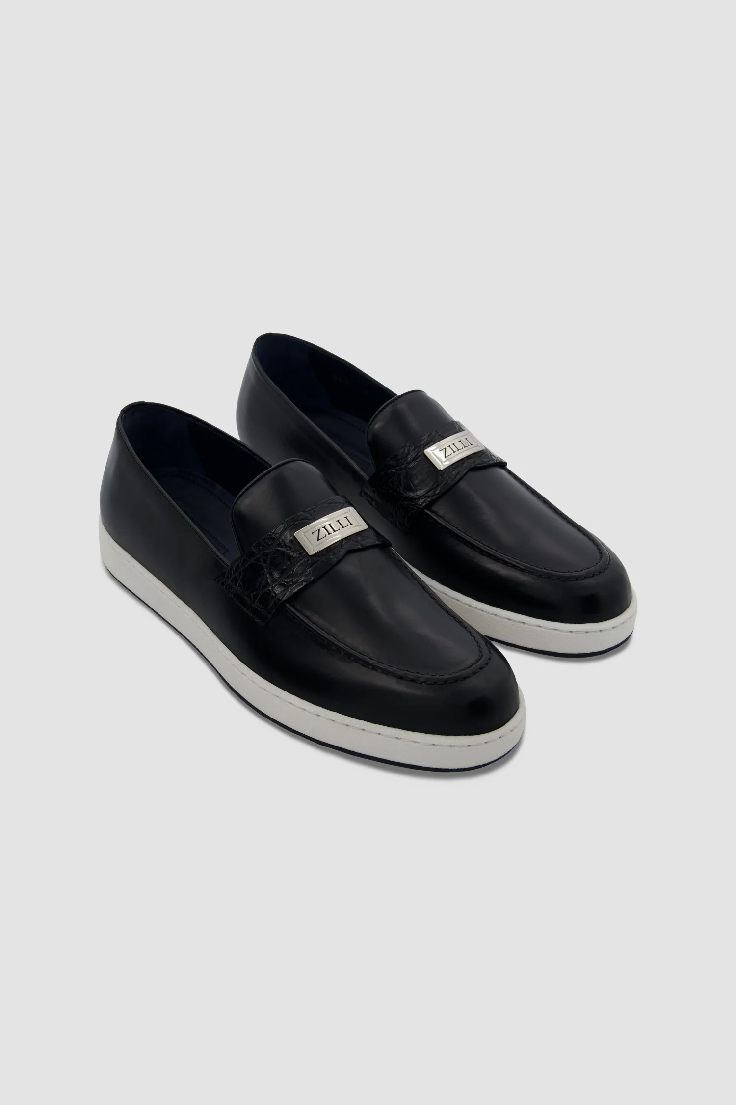 Zilli Black Metal Plate Loafers with Caiman accents - Image 6